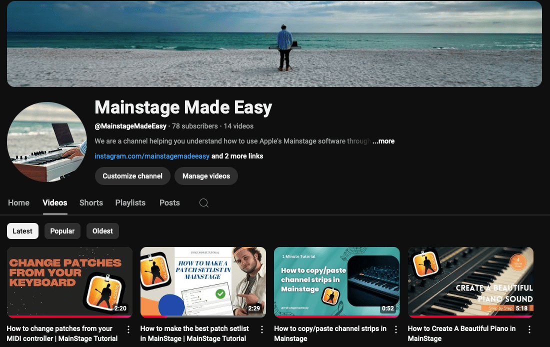 screenshot of mainstage made easy youtube channel